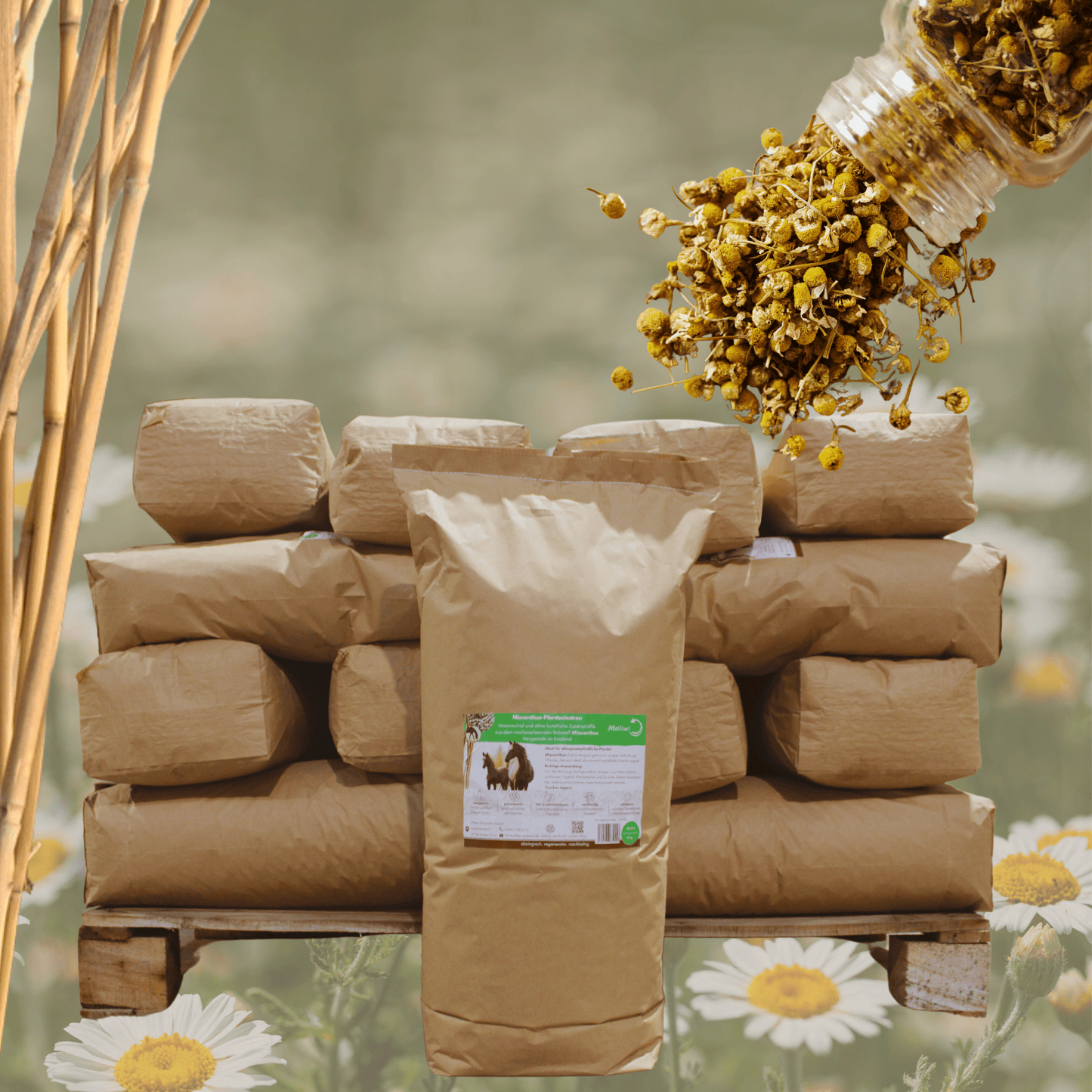 Feldbett – Miscanthus Kamille - Einstreu Sackware 8 mm - Maliwi Shop