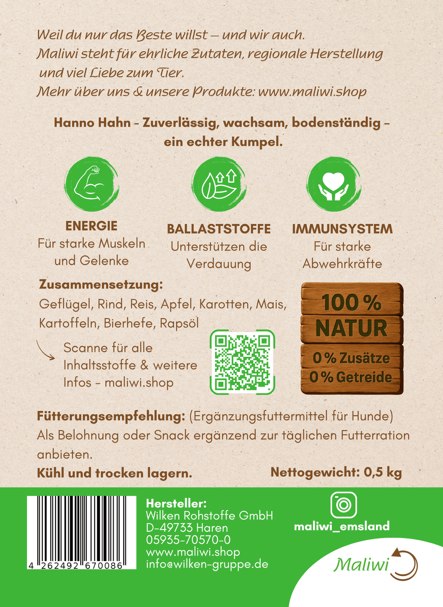 Verpackungsrückseite Hanno Hahn Hundesnack – Zutaten, Nährwertvorteile & Fütterungsempfehlung – mit Geflügel und Rind, 0,5 kg