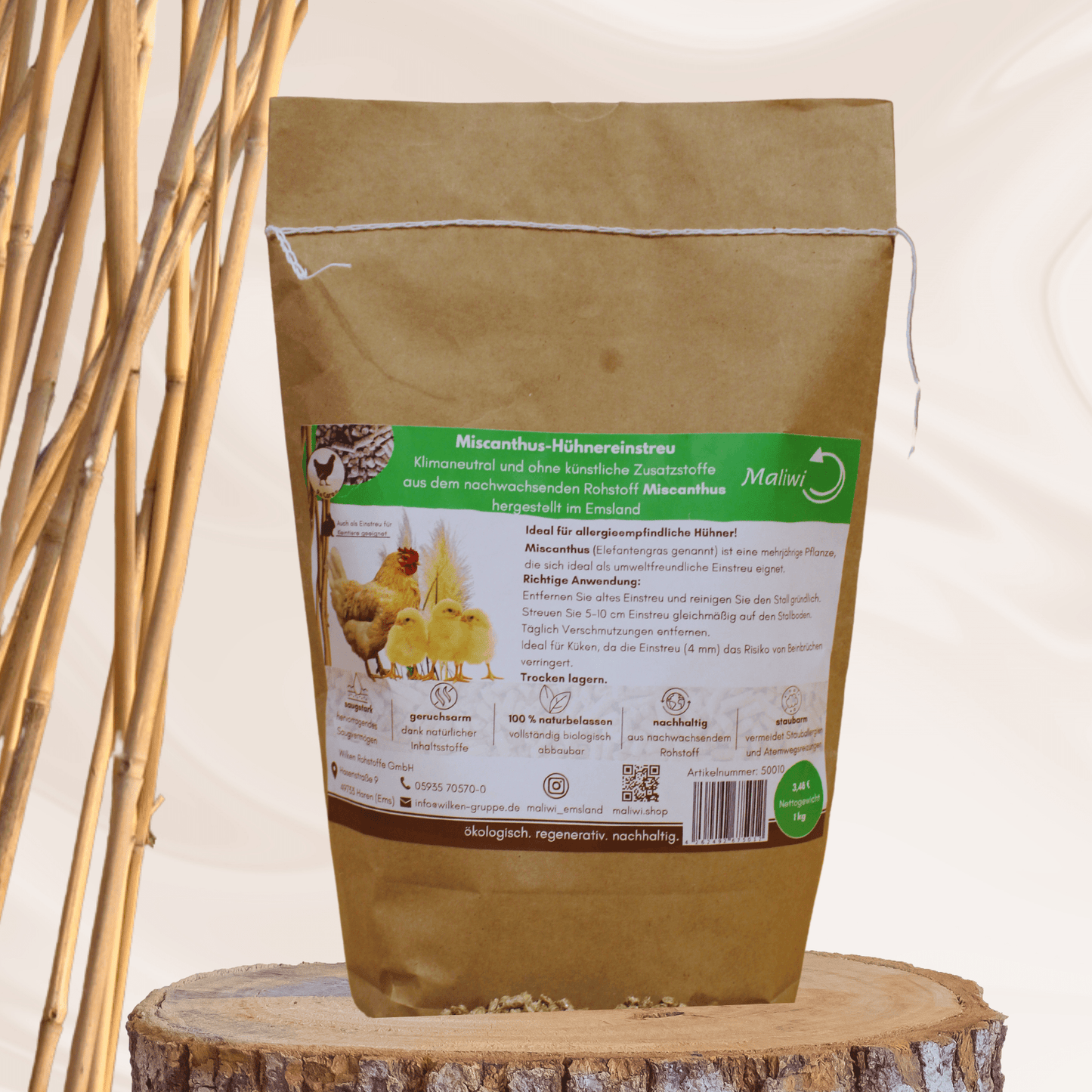 Hühner Einstreu 1 kg – staubarm, saugstark & kompostierbar aus Miscanthus, ideal für Nistplätze und ein gesundes Stallklima