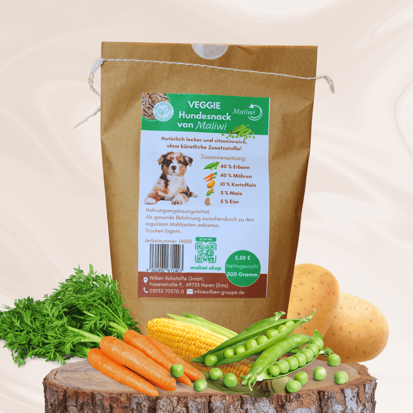 Natürlicher Hundesnack mit 40 % Erbsen, 40 % Möhren, Kartoffeln, Mais & Ei – gesunde Belohnung ohne Zusatzstoffe, 0,5 kg von Maliwi