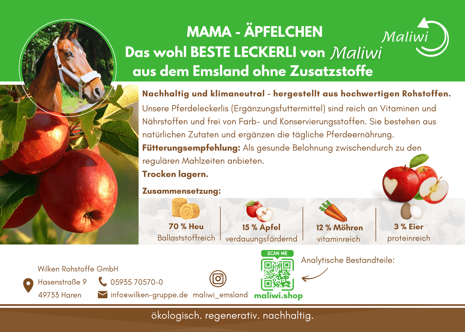 Etikett Mama Äpfelchen Pferdeleckerli – Zusammensetzung mit Apfel, Möhre, Ei & Heu – ohne Zusatzstoffe