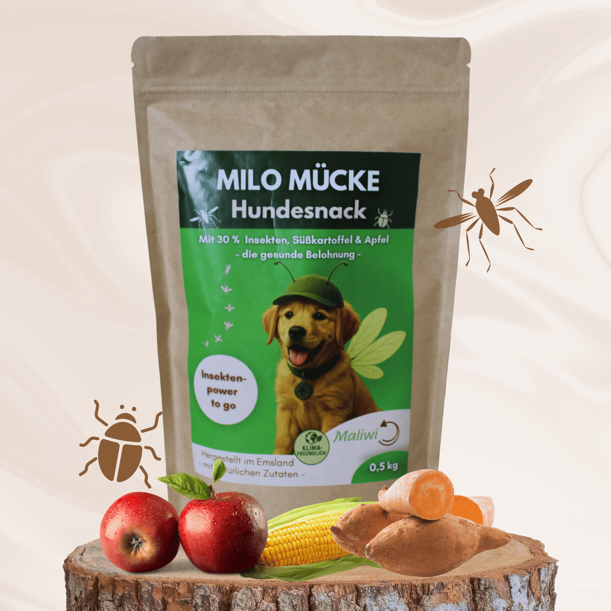Milo Mücke Hundesnack mit 30 % Insekten, Süßkartoffel & Apfel – gesunde Belohnung für Hunde – 0,5 kg