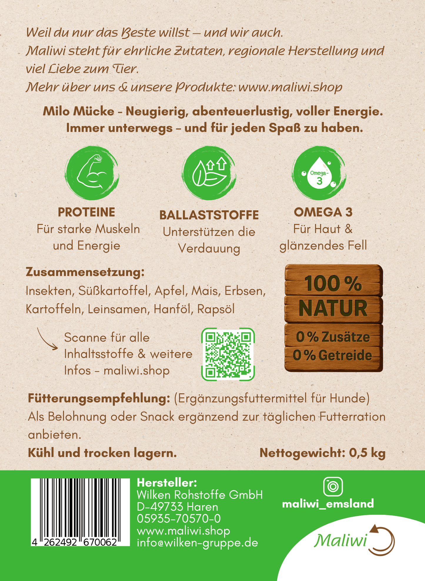 Verpackungsrückseite Milo Mücke Hundesnack – Zusammensetzung, Vorteile und Fütterungsempfehlung – Insektenbasis, 0,5 kg