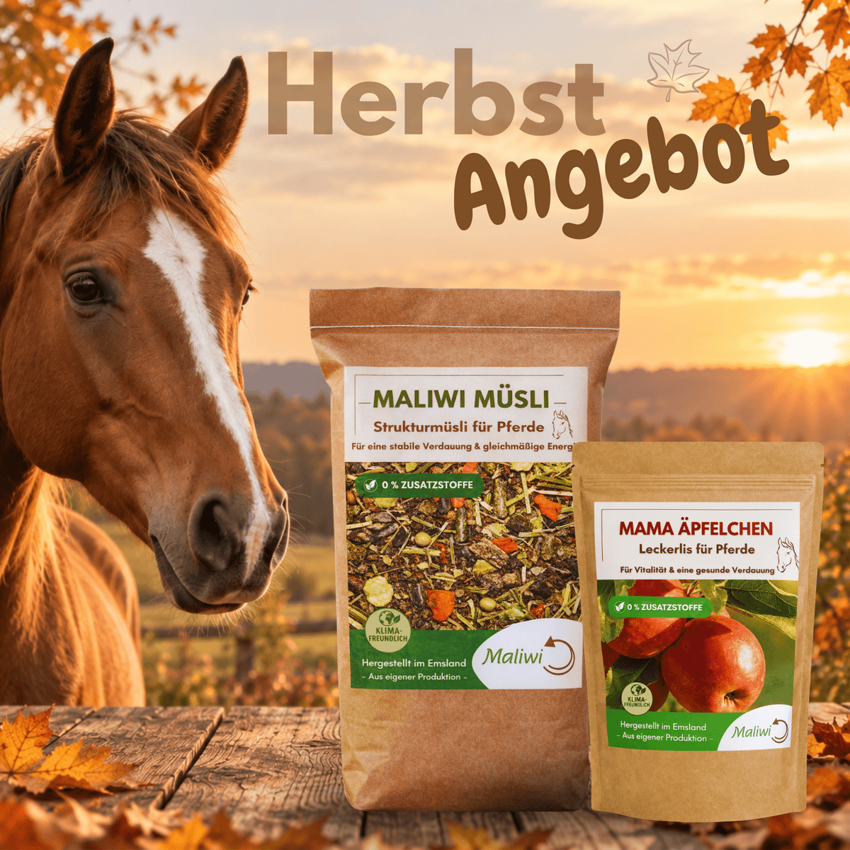 Herbst-Angebot für dein Pferd - Maliwi Müsli 15 kg & Mama Äpfelchen 2 kg