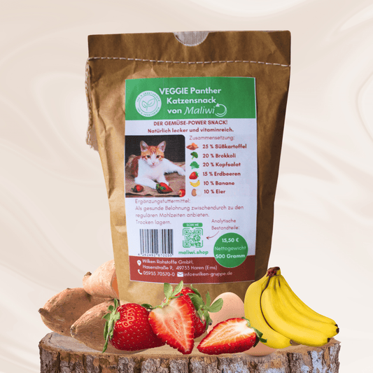 Veggie Panther Katzensnack – Zusammensetzung mit Süßkartoffel, Brokkoli, Erdbeeren & Banane – 0,5 kg